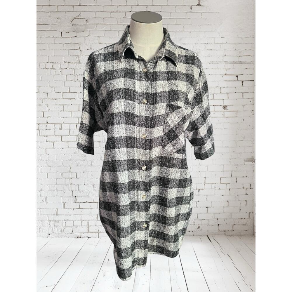 Vintage Grunge Plaid Hunt Club Silk Blend Short Sleeve Farm Button Up Shirt Sz L